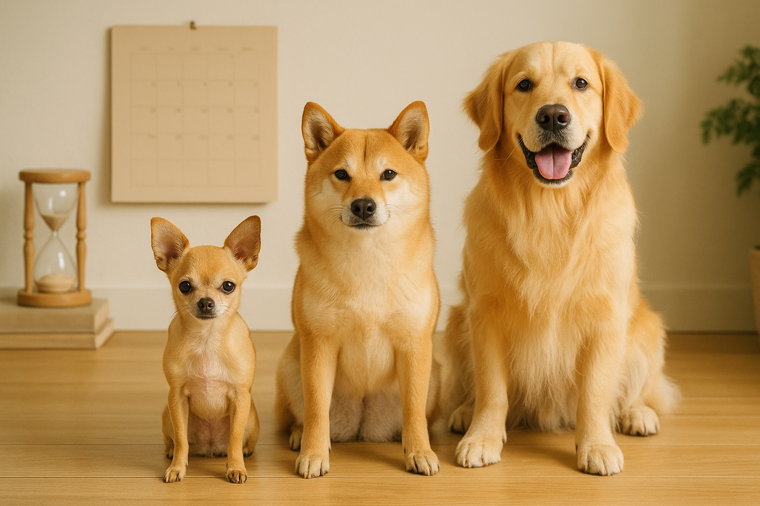小型犬のチワワ、中型犬の柴犬、大型犬のゴールデンレトリバーが並んで座り、背景に砂時計やカレンダーがあり、犬の寿命や時間を象徴する写真。