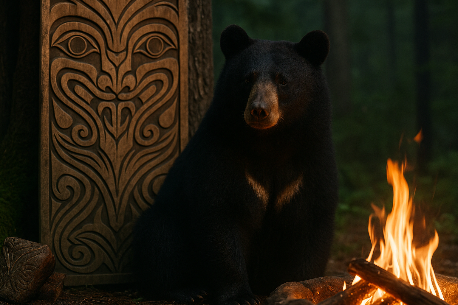 森の中で焚火のそばに座るツキノワグマと、背後に木彫りの文様を配した写真風デザイン。アイヌ文化と熊信仰を象徴する構図。