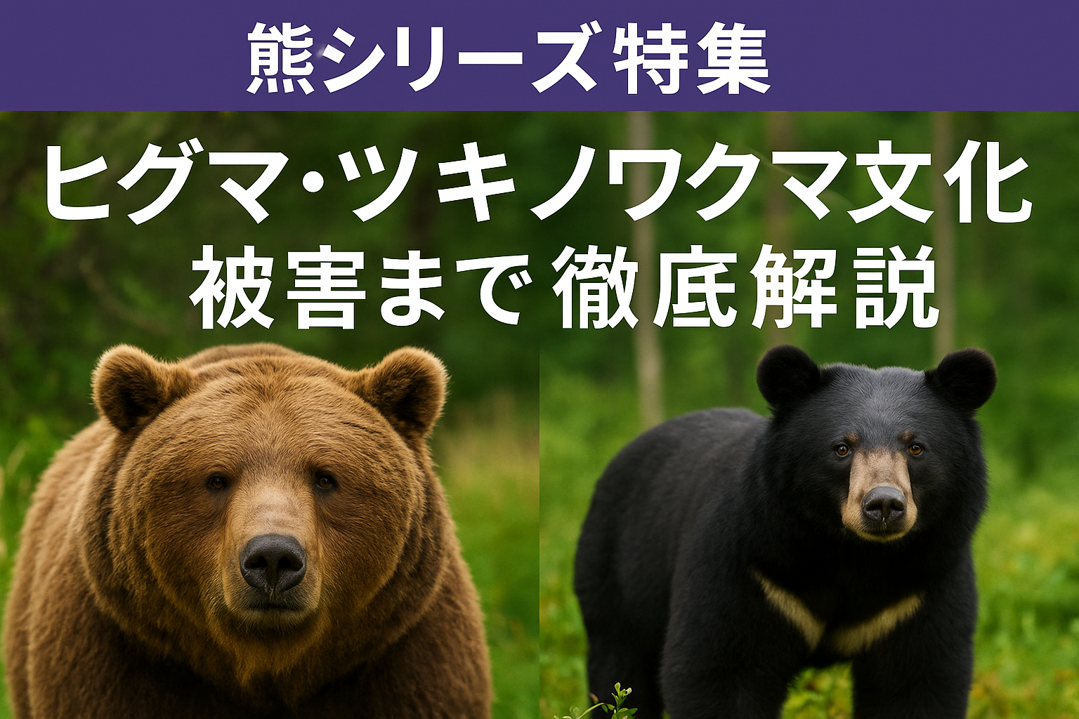 ヒグマ・ツキノワグマ・ホッキョクグマを並べた写真風の合成イメージ。熊シリーズ特集記事のアイキャッチ用。