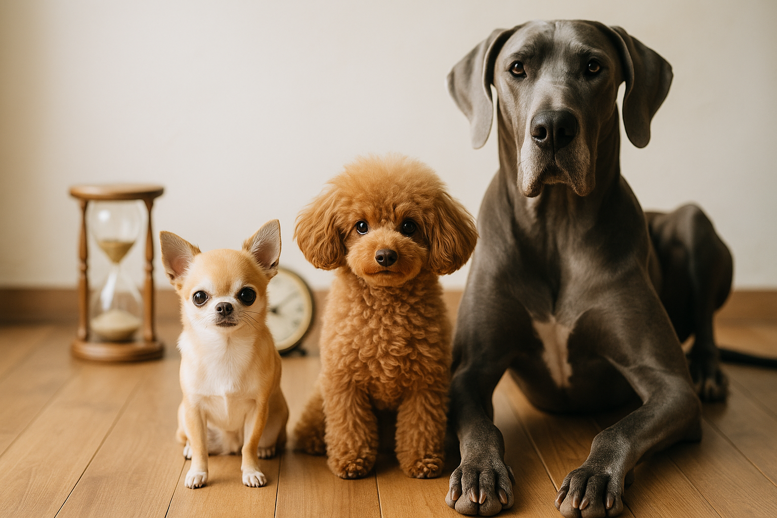 木製の床に座るチワワ、トイプードル、グレートデーン。背景に砂時計と時計があり、犬の寿命や時間を象徴する写真。