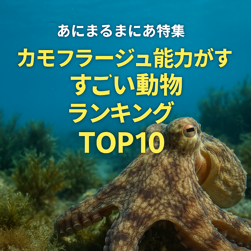 カモフラージュ能力がすごい動物ランキングTOP10を紹介する特集記事のアイキャッチ画像。海を背景に擬態生物を表現したデザイン。