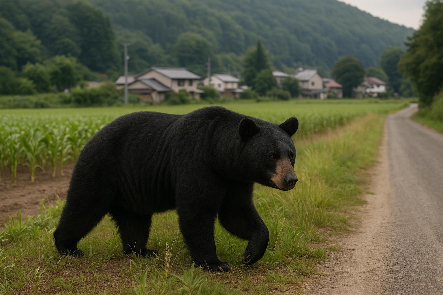 人里近くの農村に現れた野生の熊を写真風に描いたイメージ。熊による人身被害を象徴する構図。