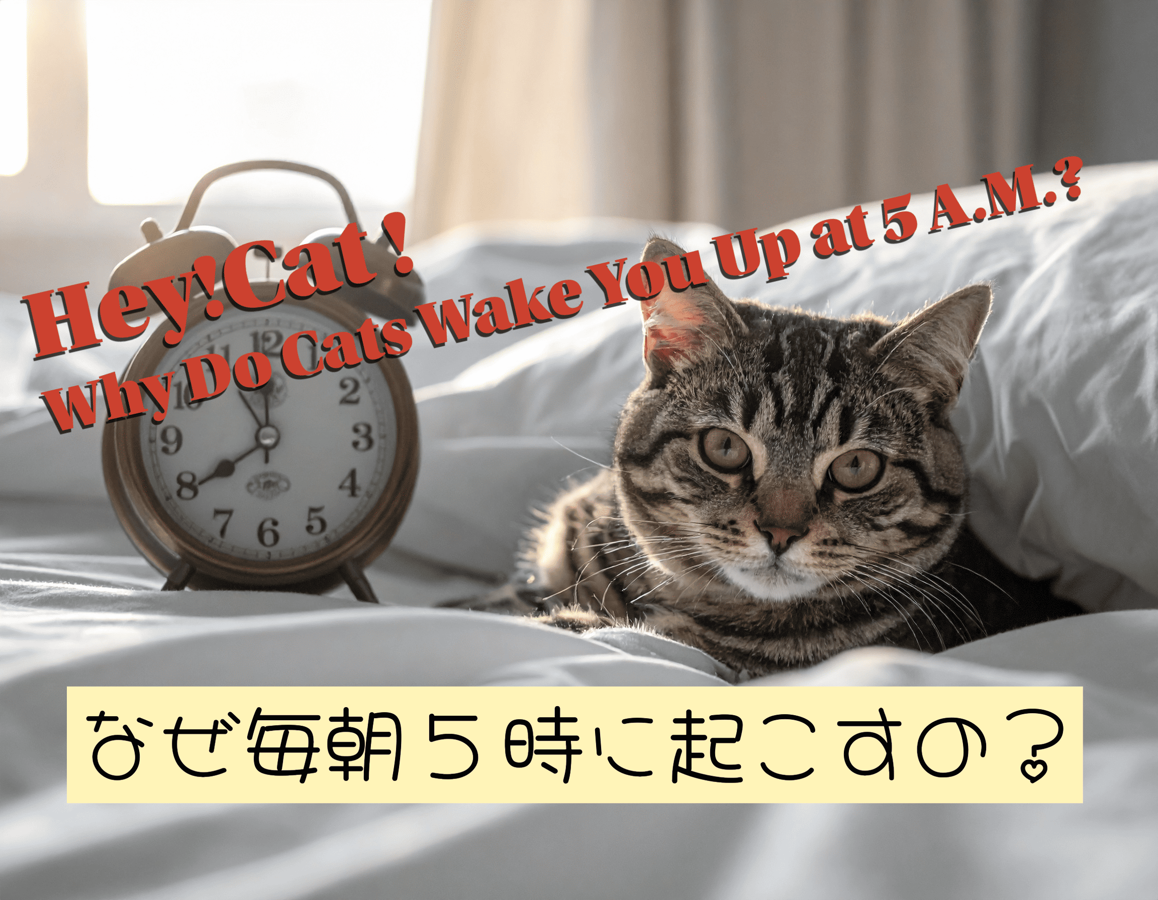 毎朝5時に飼い主を正確に起こす猫。体内時計の仕組みを科学的に解説するイメージ。