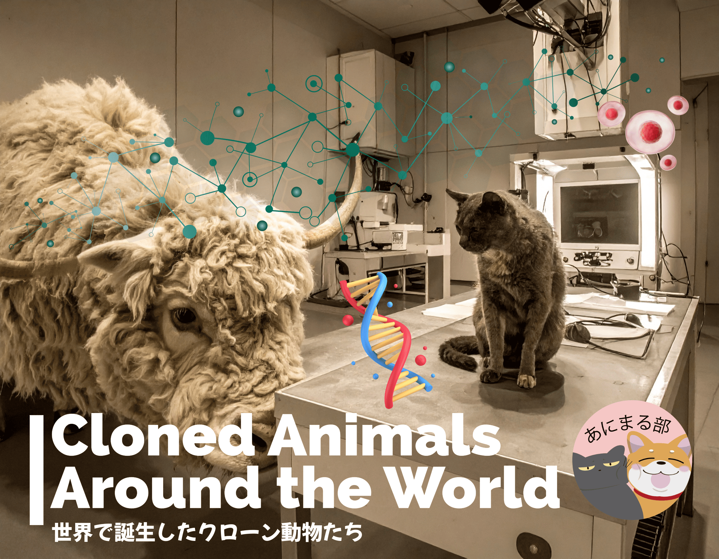 世界で誕生したクローン動物たち（羊のドリー、猫のCC、犬のスナッピー、牛・豚・ヤギなど）が描かれたイメージ
