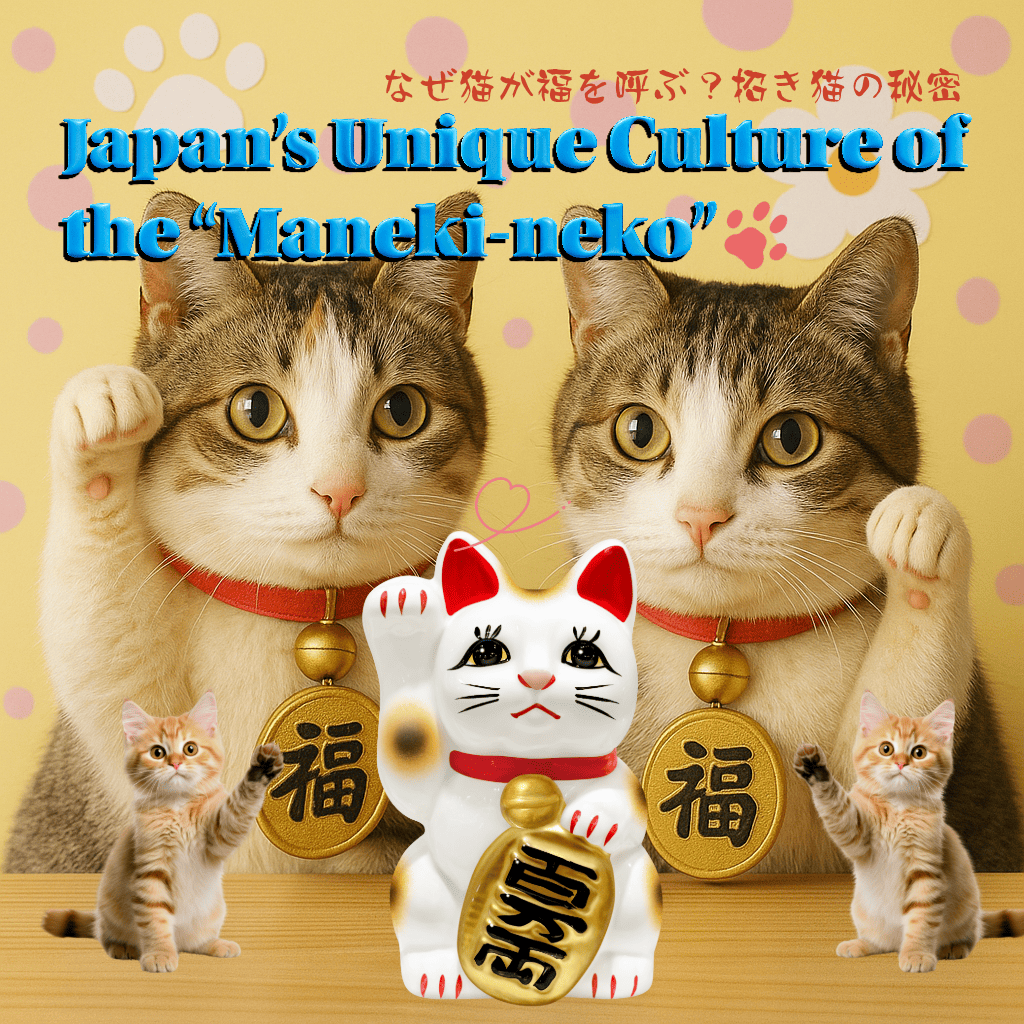 右手を上げた金運の招き猫と、左手を上げた客招きの招き猫が並んで座っている写真風のイメージ。