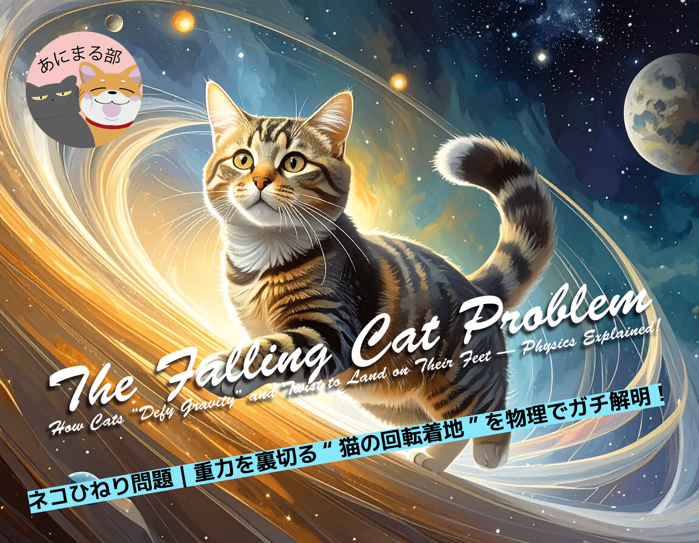 空中で体をねじりながら足から着地しようとする猫の姿。猫の驚くべきバランス感覚と回転動作を表したイメージ。