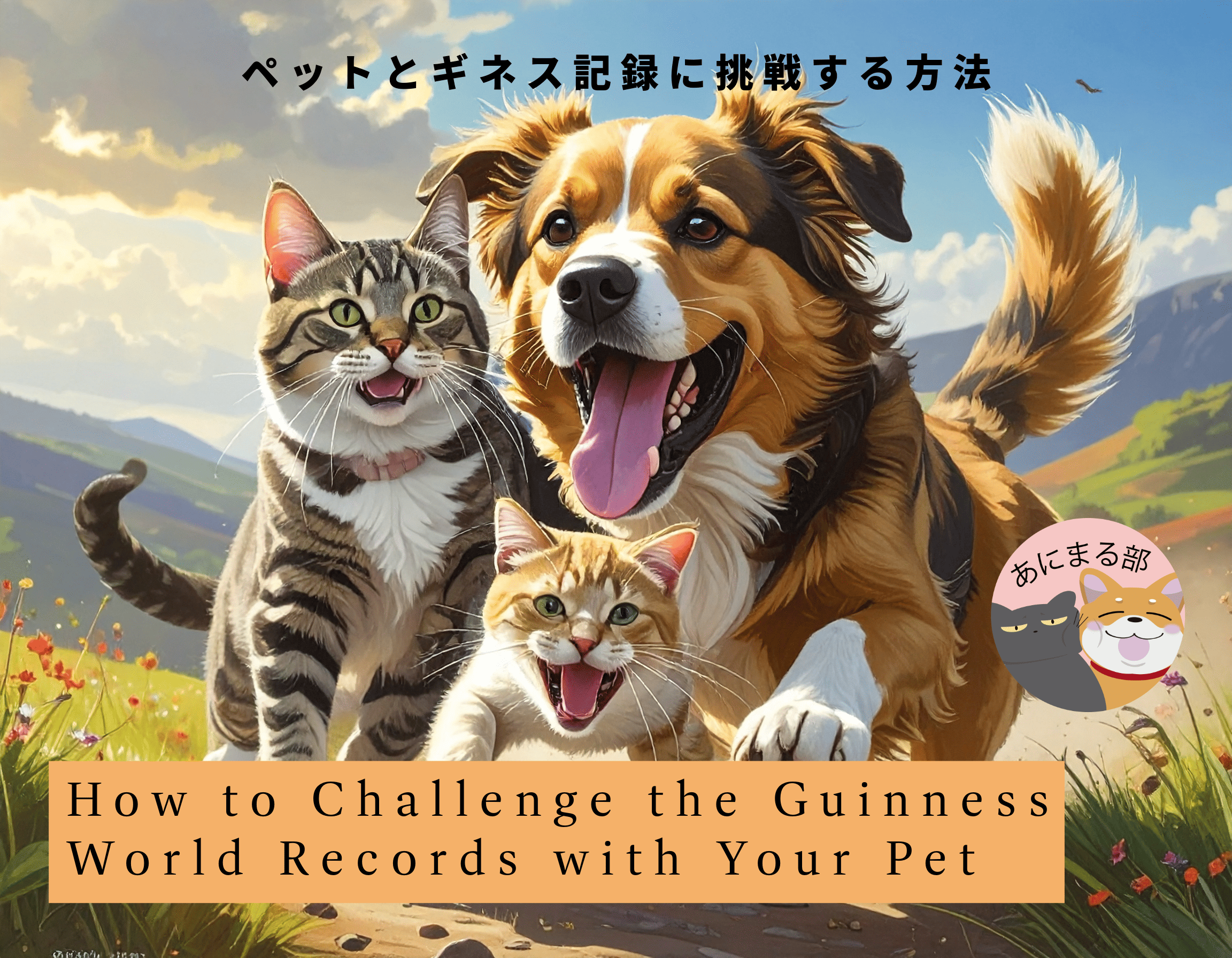 犬と猫がスケートボードに乗って、ギネス世界記録に挑戦しているシーン。飼い主と一緒に笑顔でポーズを取っている。