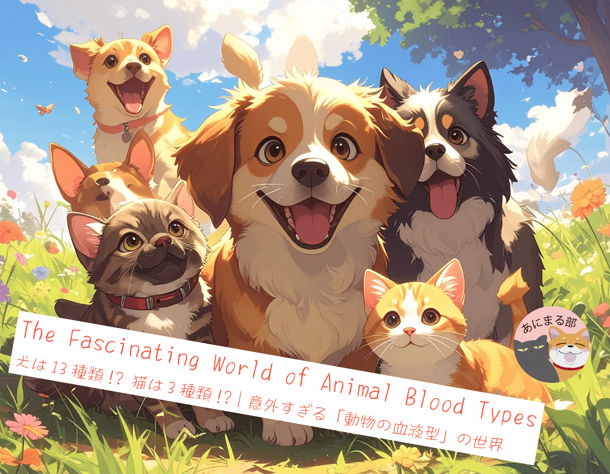青空の下で笑顔の犬と猫が並ぶイラスト。犬は13種類、猫は3種類の血液型があることを紹介する記事のアイキャッチ。