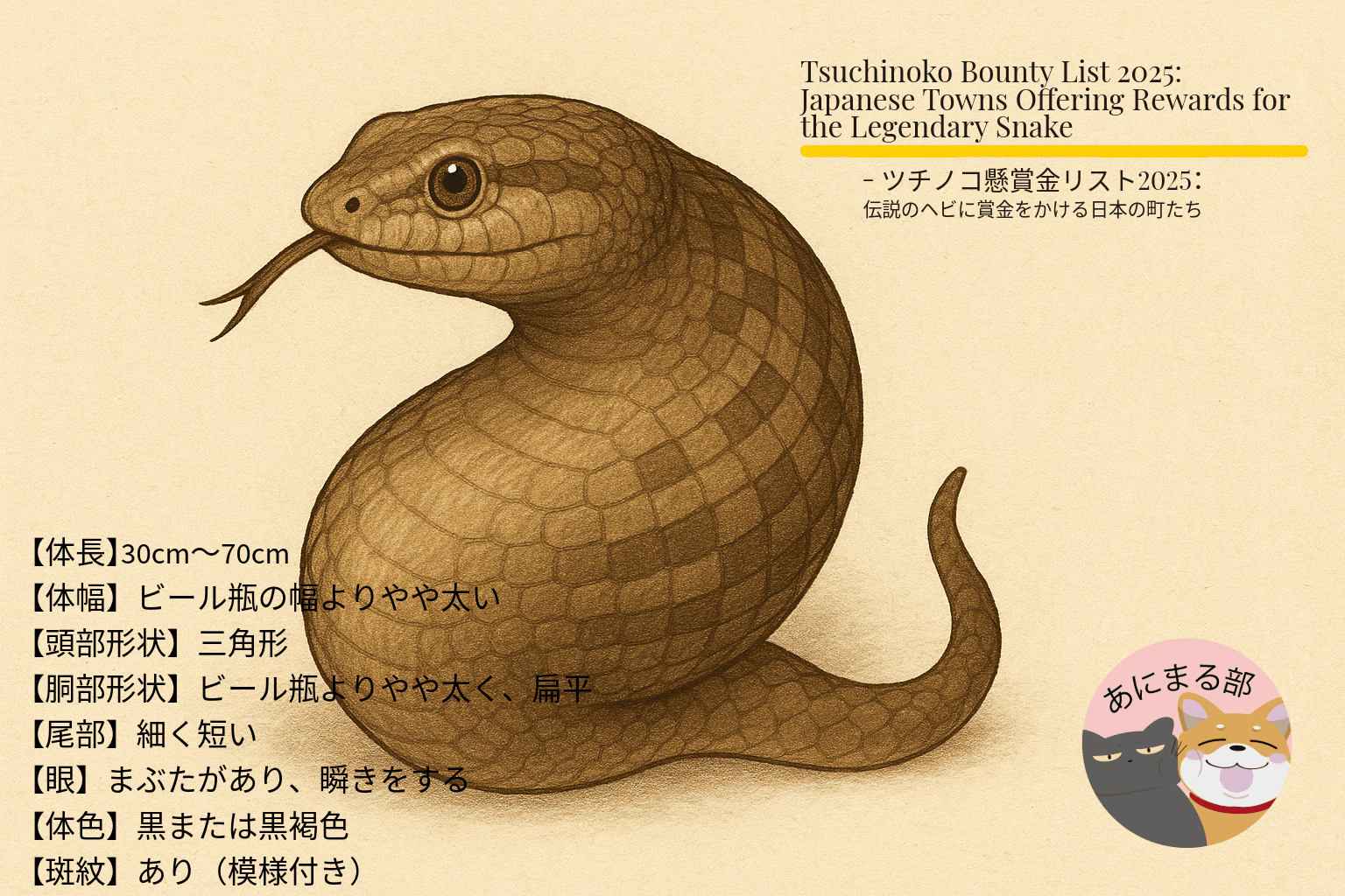 ツチノコの手配書とともに掲示された懸賞金イベントのイメージ。日本の山里で伝説の生物を探す様子。