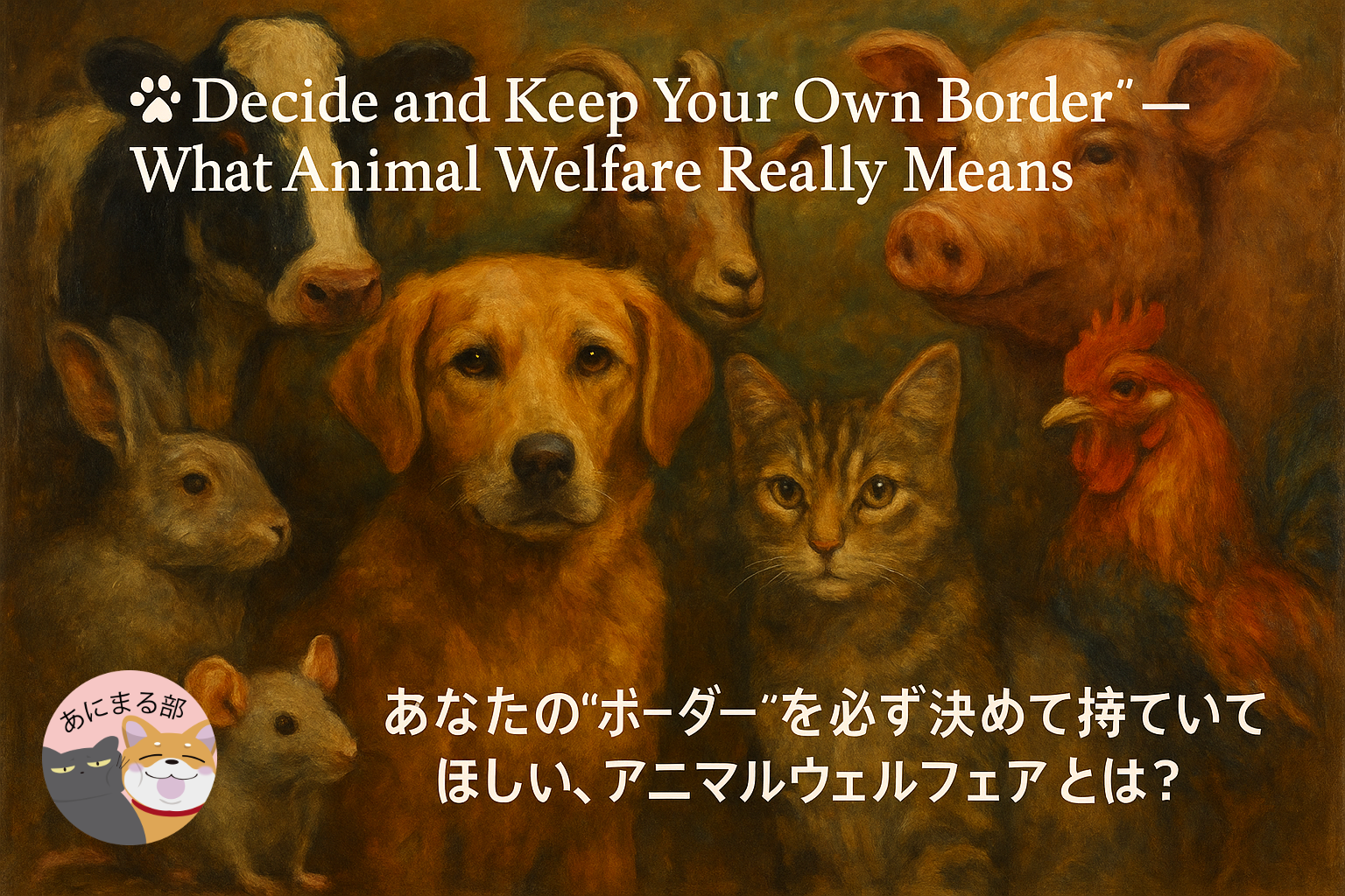 動物福祉（アニマルウェルフェア）をテーマにしたイメージ。 犬・猫・牛・豚・鶏などが穏やかに共存する風景。 「あなたのボーダーを決めて」というメッセージを象徴する静かな構図。