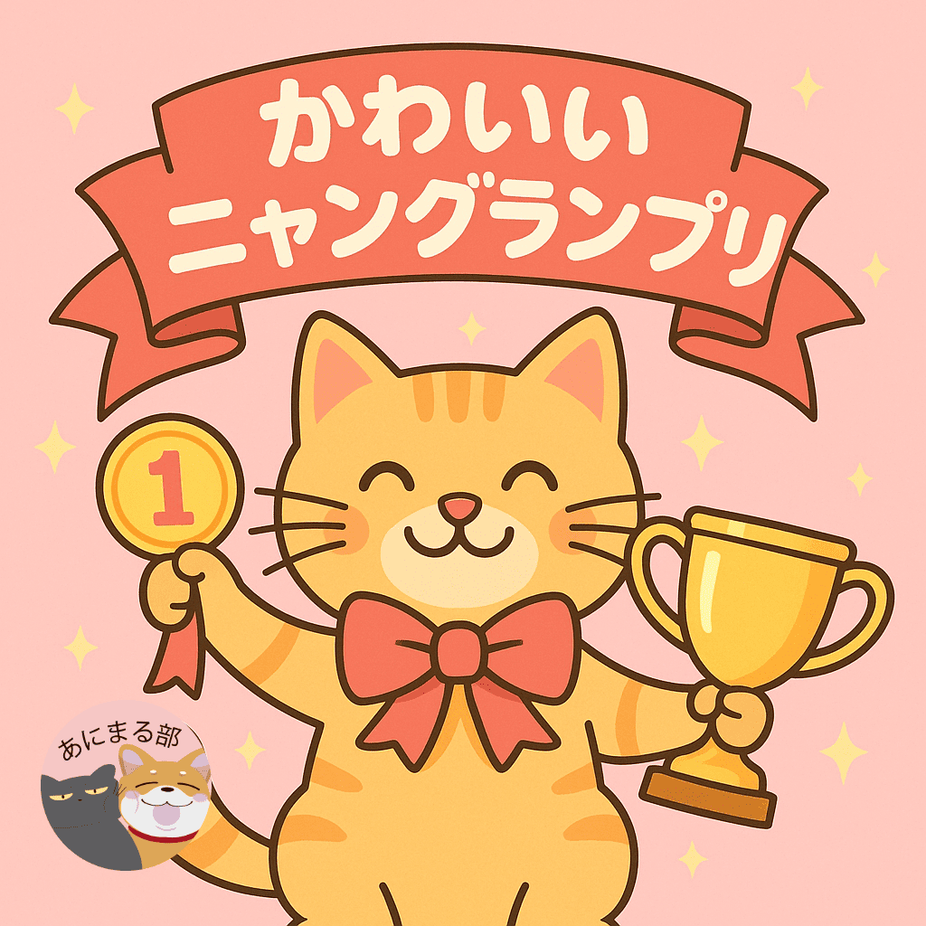 トロフィーとメダルを持って笑う猫のイラスト。「かわいいニャングランプリ」と書かれたリボンが背景にあり、猫がグランプリを受賞した雰囲気の可愛いデザイン。