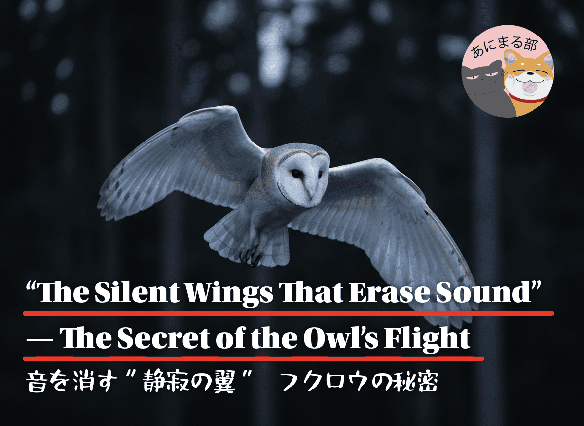 夜の森を無音で飛ぶフクロウ。羽のギザギザした構造とふわふわの羽毛が、音を消す“静寂の翼”の秘密を物語る。