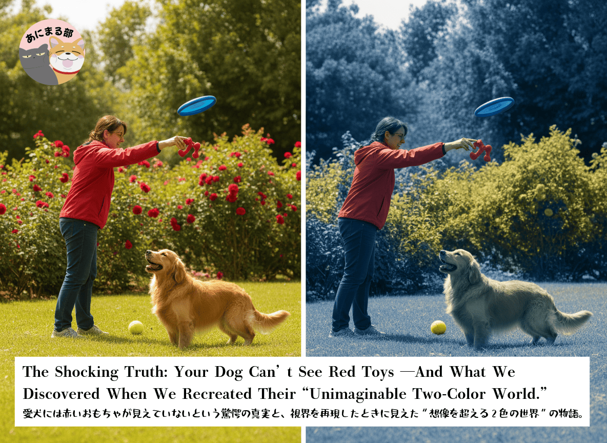 犬の視界を人間と比較した画像。左は人間のカラフルな視界、右は犬が見る青と黄色を中心とした2色の世界。赤いおもちゃが犬側では灰色に見えている様子。