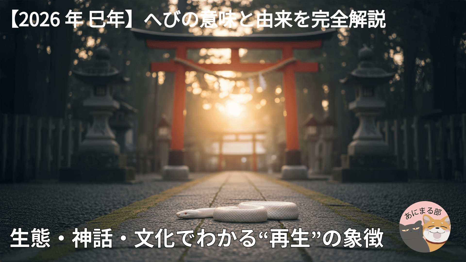 2026年巳年の象徴・白蛇が神社の参道に佇む写真。干支の意味と由来を象徴するイメージ。