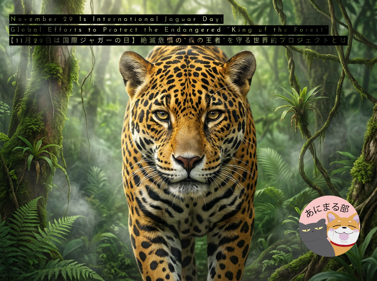 アマゾンの森に佇むジャガー。黄金色の毛並みとロゼット模様が光に浮かび上がり、国際ジャガーの日を象徴する印象的な姿。