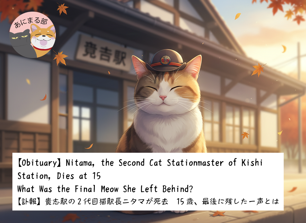 和歌山電鉄・貴志駅の2代目猫駅長ニタマの追悼イメージ。駅長帽をかぶった三毛猫が貴志駅を背景に静かに座っている様子。