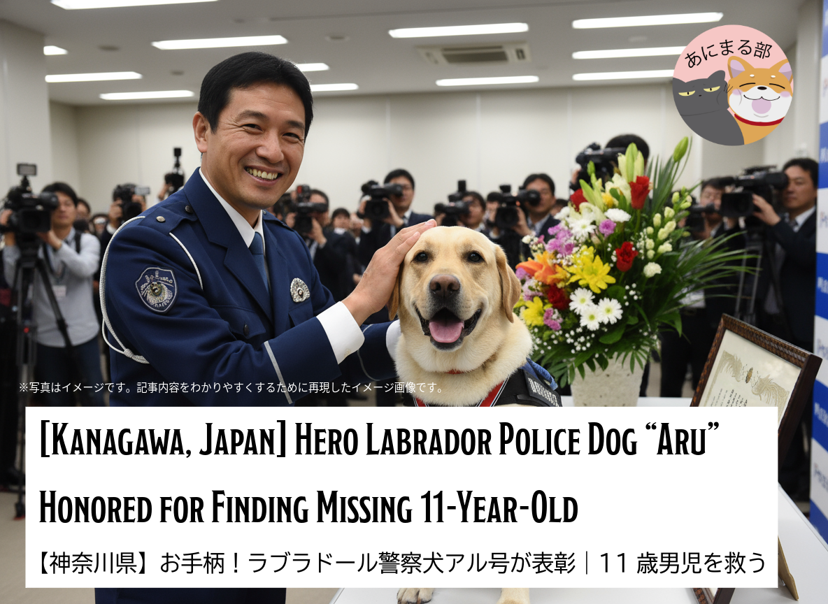 表彰を受けるラブラドール警察犬のイメージ写真。実際の警察犬アル号および表彰式の様子とは異なります。