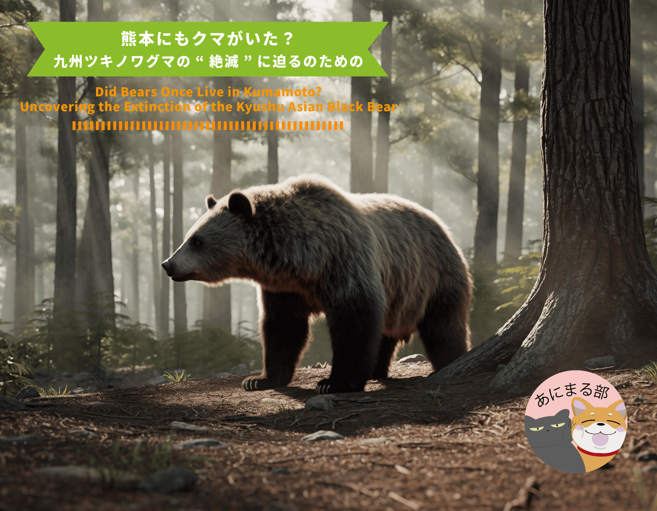 熊本にもかつてツキノワグマが生息していたことを示すイメージ。霧がかった熊本の山林に静かに佇むツキノワグマの姿を描いた、絶滅を象徴する雰囲気のある画像