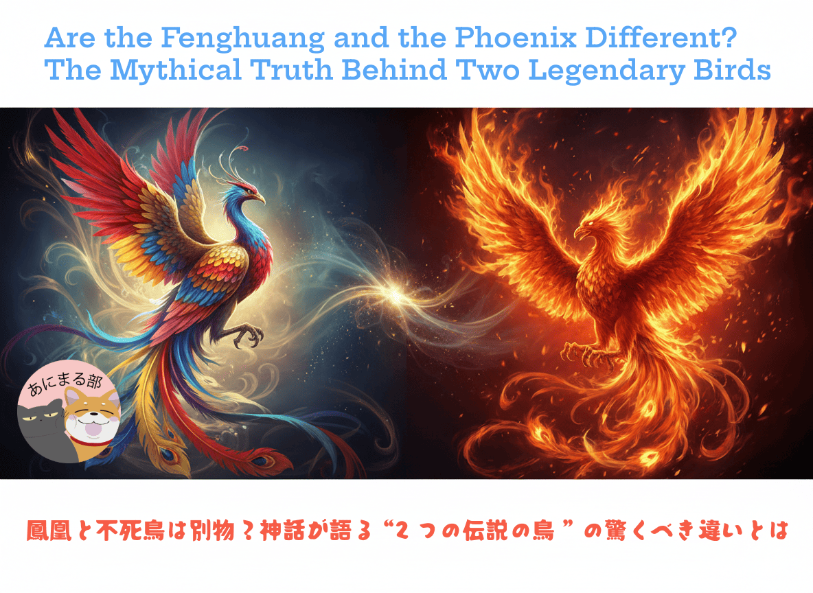 中国神話の鳳凰とギリシャ神話の不死鳥（フェニックス）が並んで描かれ、それぞれの特徴が対比されている幻想的なイラスト。
