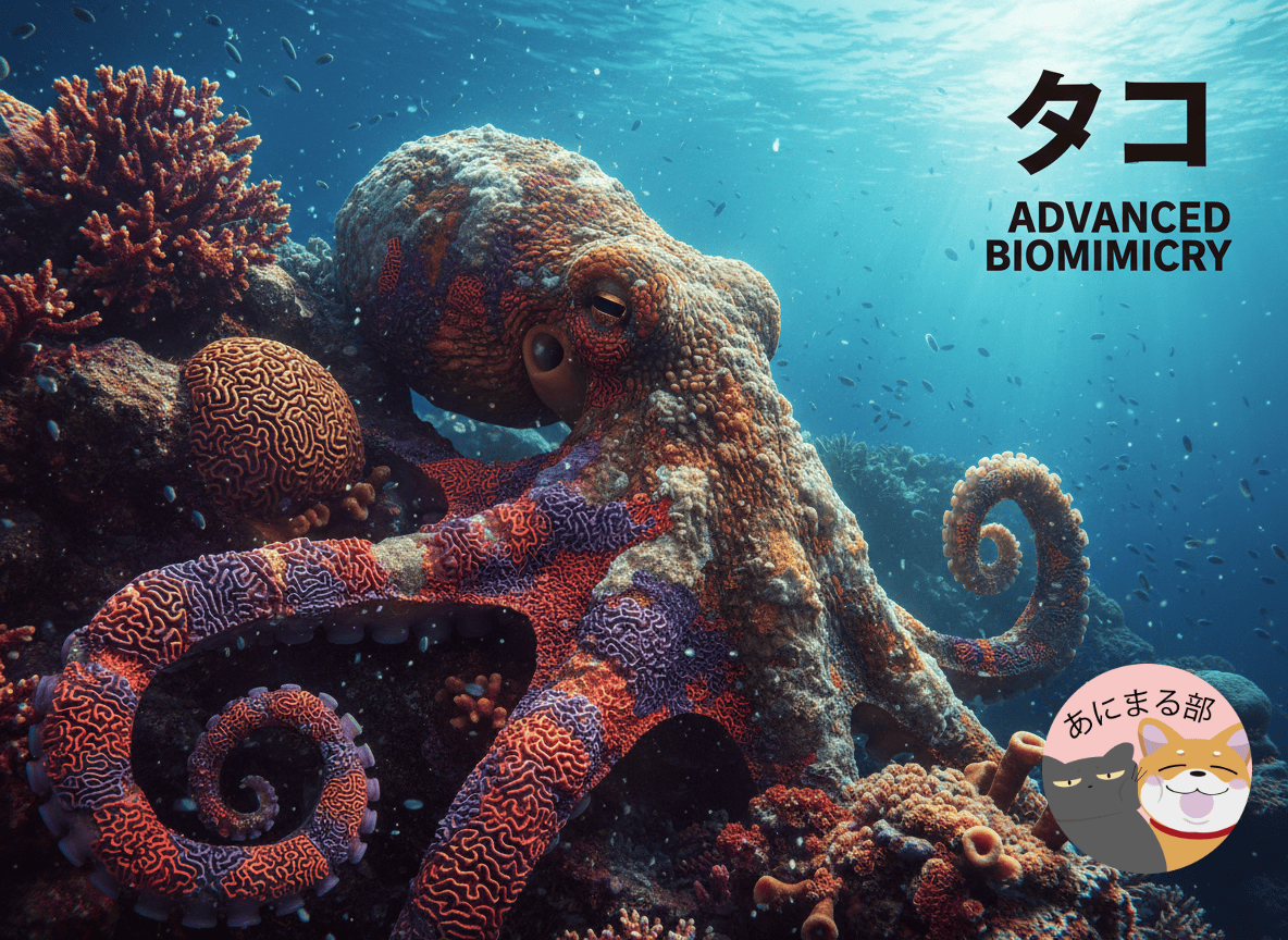 擬態中のタコが色・模様・質感を変えて岩に同化している様子を描いた高精細イラスト。