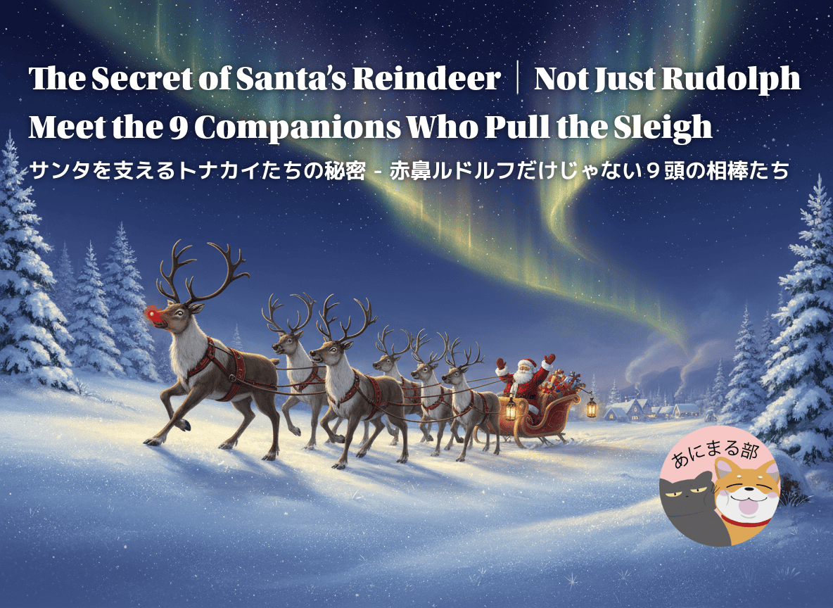 夜空を駆ける９頭のトナカイがサンタのソリを引くクリスマスの光景。先頭には赤鼻を輝かせるルドルフ。雪の中を進む幻想的な冬のシーン。