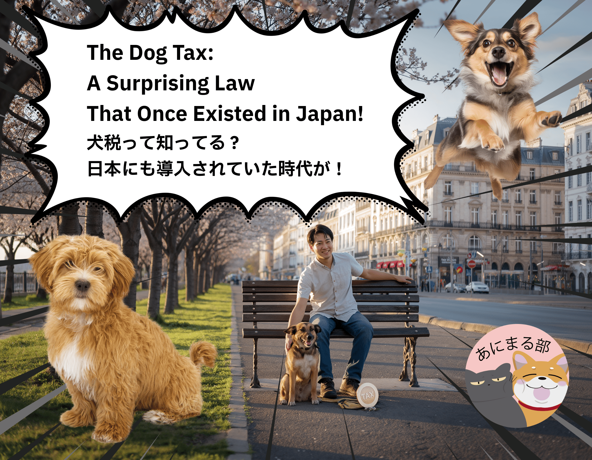 公園のベンチで犬と飼い主が並んで座る様子。背景にはドイツの街並みと日本の桜が重なり、犬税を象徴する温かい雰囲気のイメージ。