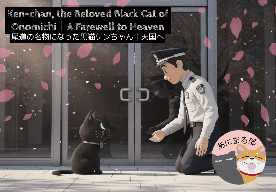 尾道市立美術館の前で警備員と向かい合う黒猫ケンちゃん。朝の光の中で微笑むように座る姿が印象的。