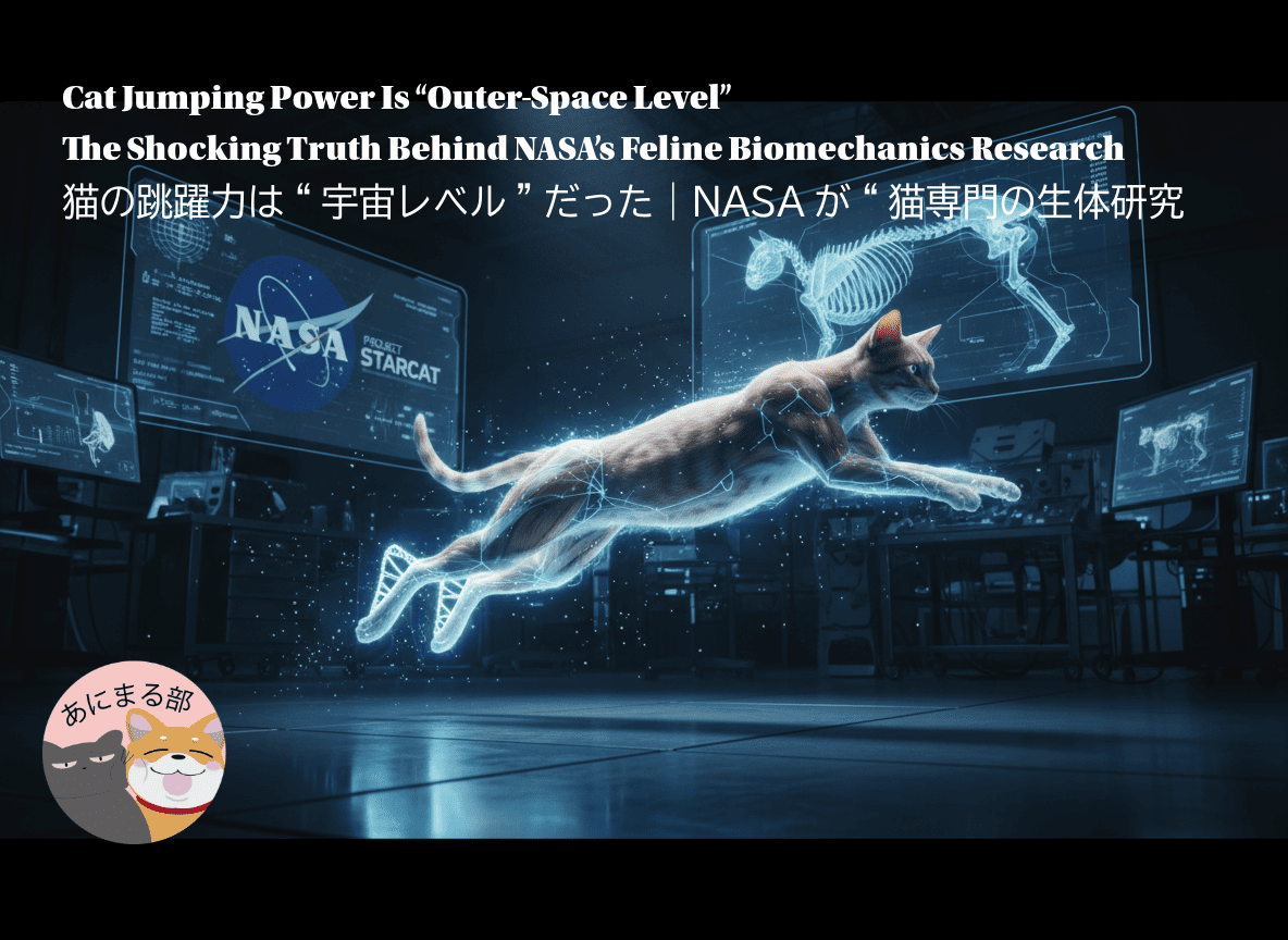 NASAの生体力学研究をイメージした背景で、猫がジャンプする瞬間を描いた科学的ビジュアル。ジャンプ軌道や筋肉のエネルギーラインがホログラムのように表示されている。