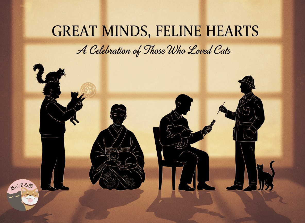 猫を愛した天才・偉人たち──アインシュタイン、テスラ、漱石、ピカソ、ヘミングウェイなど、猫とともに写る偉人たちのイメージをまとめたポスター風ビジュアル。