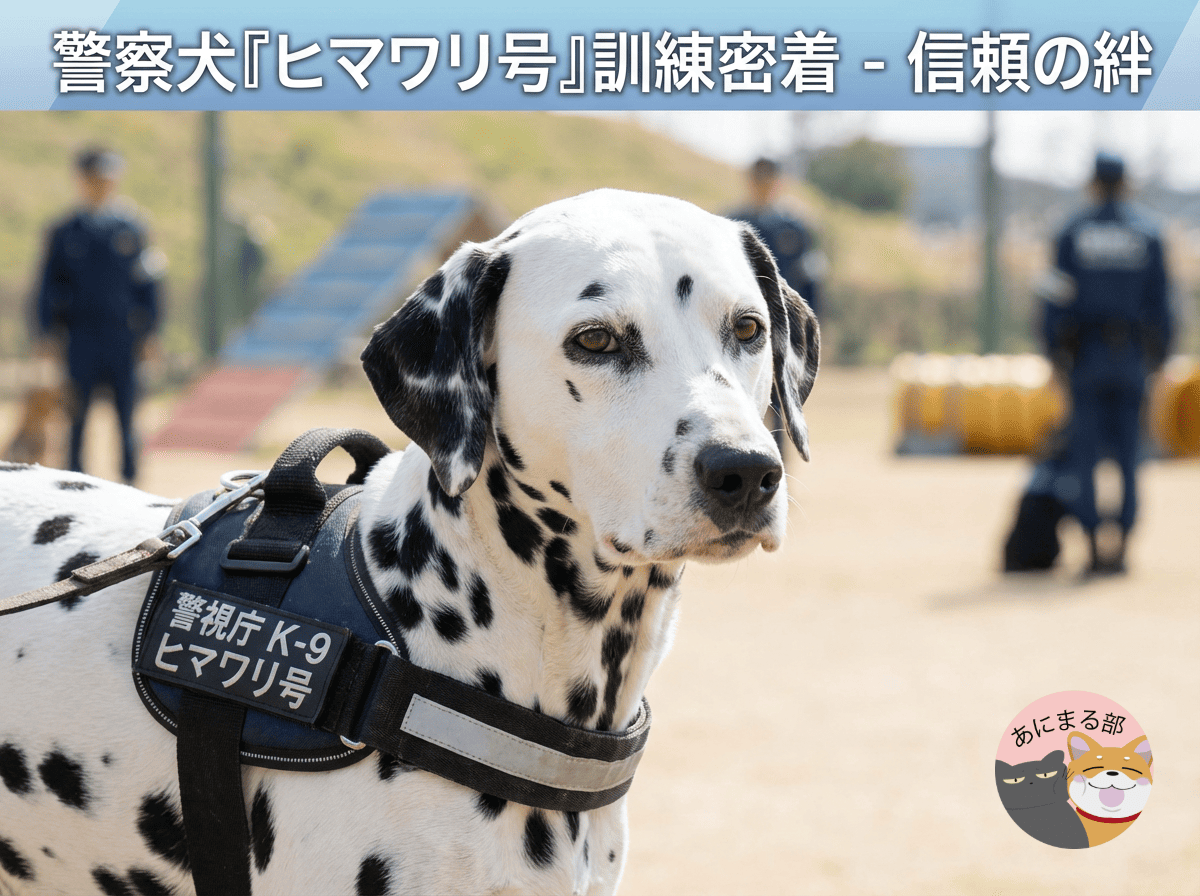 新潟県警の嘱託警察犬に就任したダルメシアン「ヒマワリ号」が、訓練場でハーネスを着けて座っている様子。背景は柔らかい自然光の校庭で、ニュース用アイキャッチとして撮影された写真風の構図。