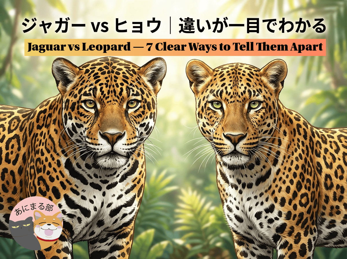 「ジャガーとヒョウが並んで立ち、模様・体格・顔つきの違いが一目でわかる比較イラスト」