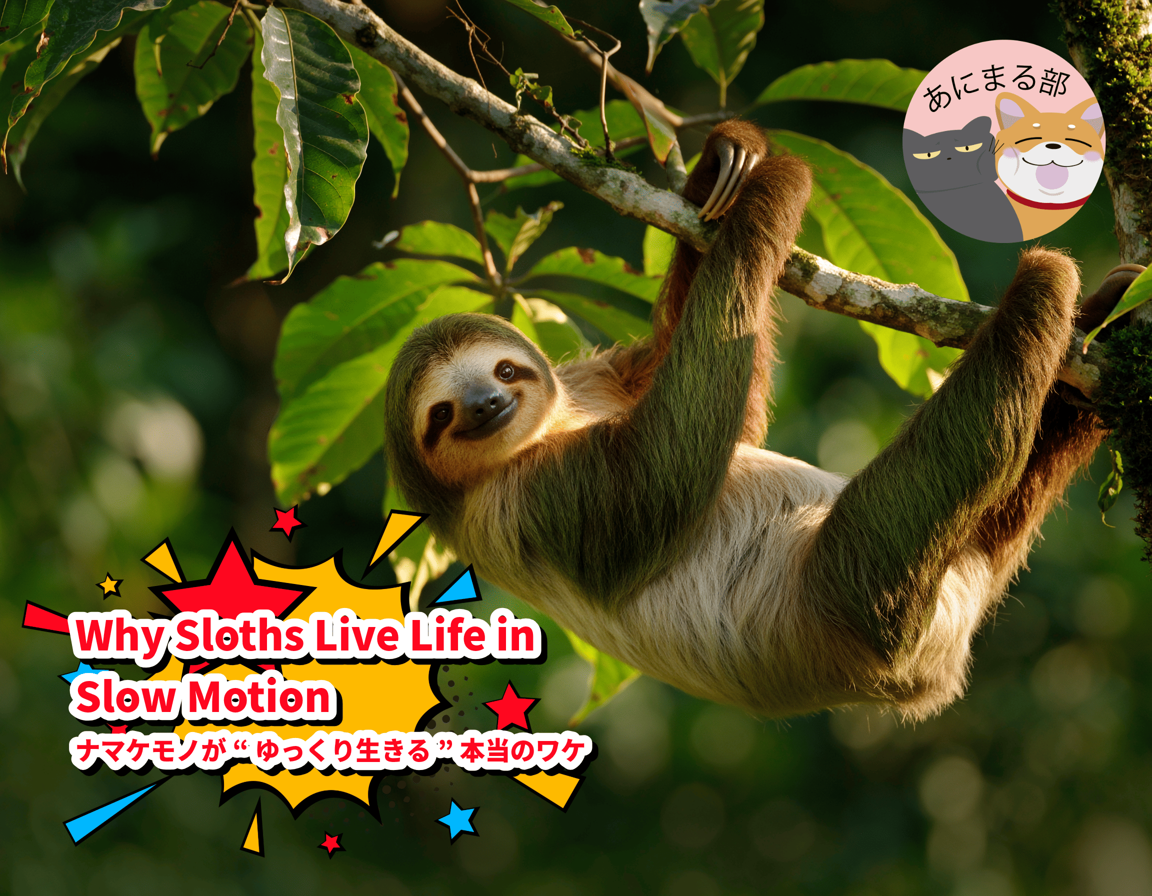 木の上でゆったりと枝にぶら下がるナマケモノ。朝の光に包まれた熱帯雨林で、スローライフを楽しむ姿。