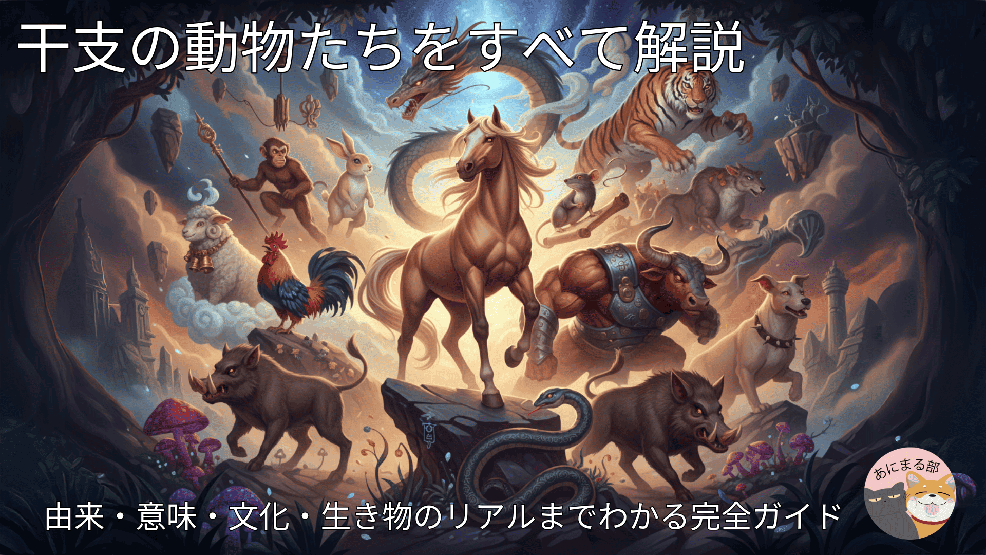 十二支の動物たちが勢ぞろいし、中央に2026年の干支である馬が立つ幻想的なイラスト。龍や虎、ウサギ、イヌ、イノシシなどが光に包まれ、干支の絆と時の流れを表現している。