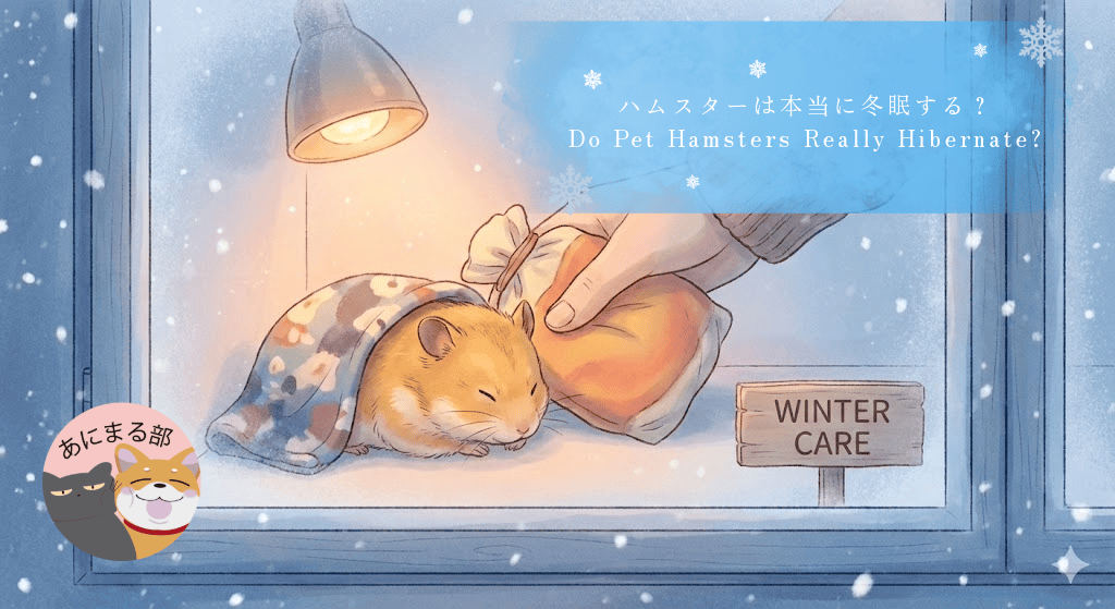 冬の室内で動かずに丸くなったハムスターを、人の手が優しく温めている様子。擬似冬眠（低体温症）から回復の可能性があることを伝えるイメージ。