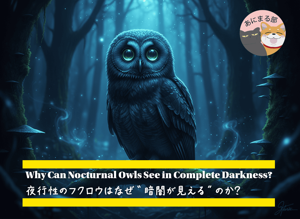 暗闇の森で大きな瞳を輝かせるフクロウが、夜行性ならではの視力と聴力を使って獲物を探している様子。筒状の眼球と顔のパラボラ構造がわかるアップ写真。