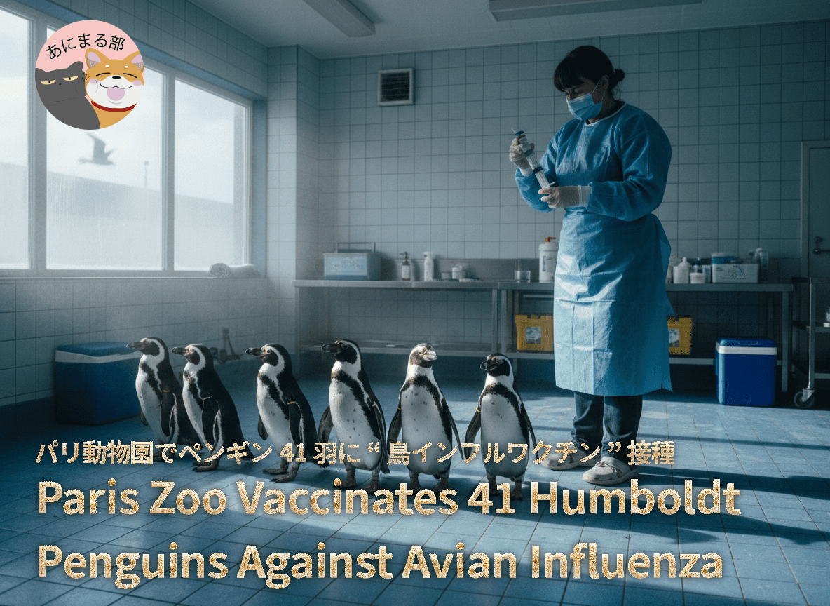 パリ動物園で鳥インフルエンザ予防のためワクチン接種を受けるフンボルトペンギンと、背景に映る野鳥カモメの警戒シーン