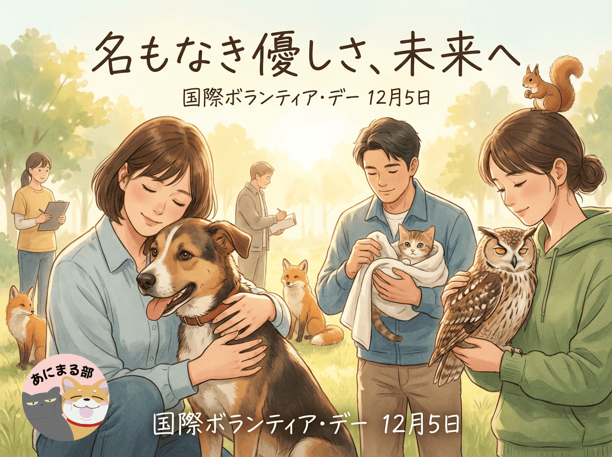 保護犬や保護猫、野生動物を支えるボランティアが優しく動物を世話している様子を描いたイラスト。国際ボランティア・デーを象徴する温かい光と、人と動物のつながりが表現されている。