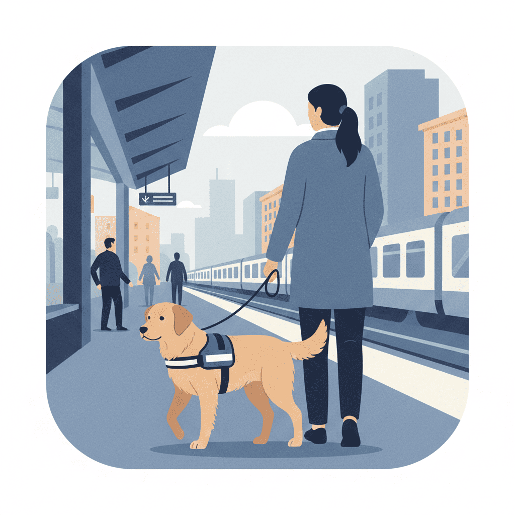 駅のホームでハーネスを着用し、パートナーの隣で静かに待機する補助犬（ゴールデンレトリバー）のイラスト。誠実で落ち着いたトーンの解説記事用ビジュアル。