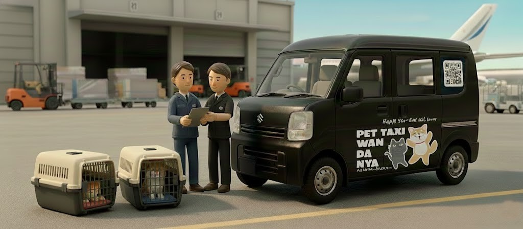 空港の貨物エリアで、ペット輸送のプロがクレートに入った犬と猫を専門車両で確認・搬送している様子