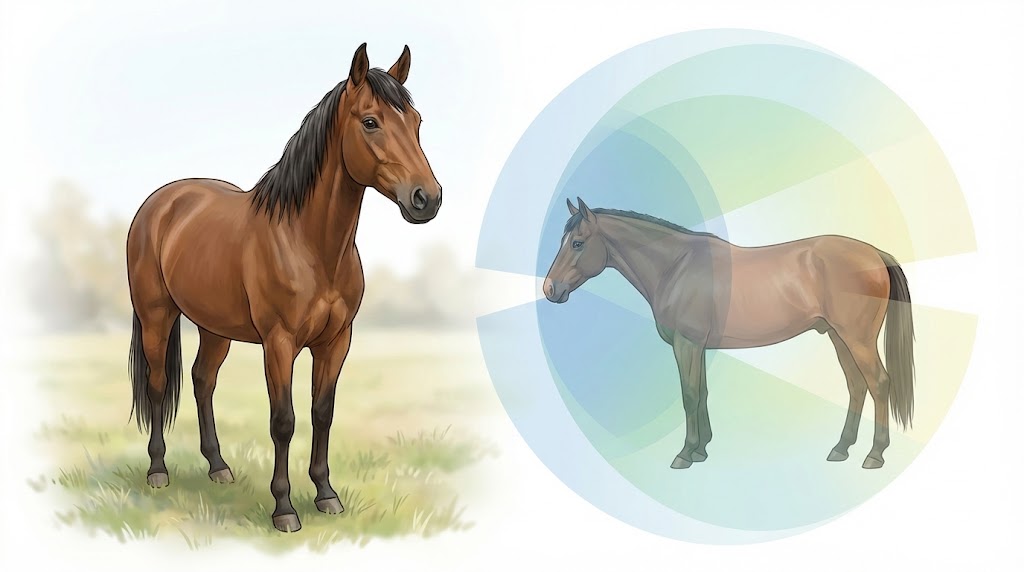 馬の視野構造を示した図解。馬は約350度の視野を持ち、左右の単眼視が大部分を占め、前方の限られた範囲のみで両眼視による奥行き認識を行う。