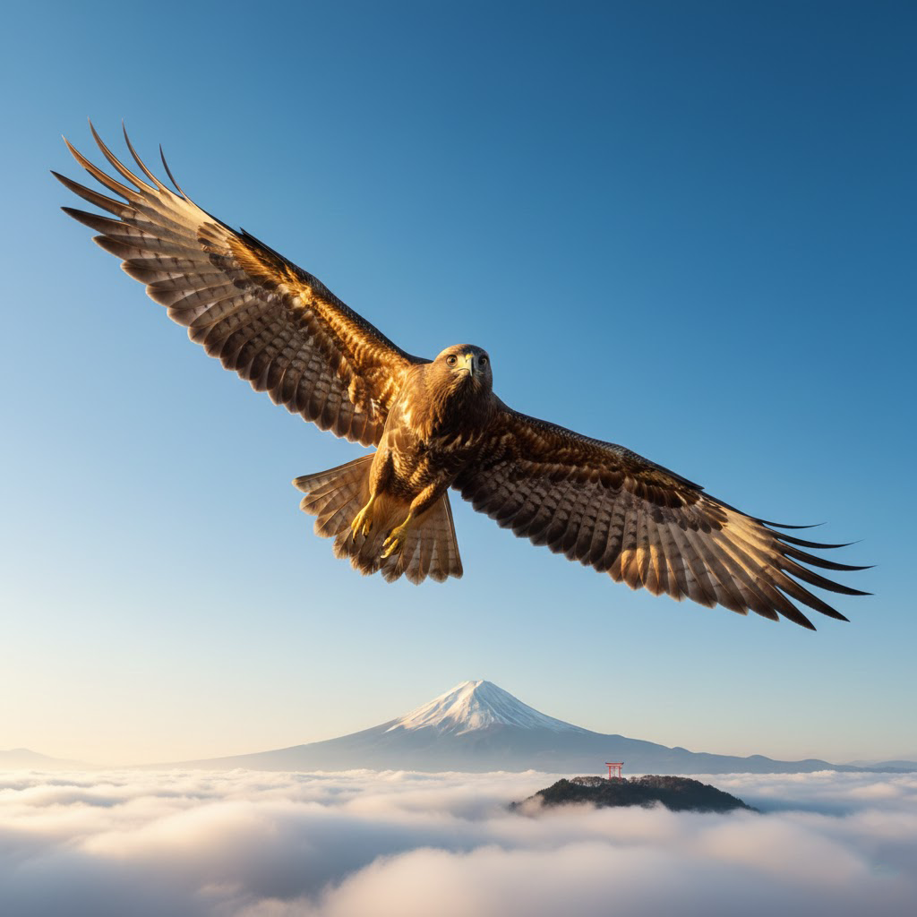 初日の出の光を浴びながら、澄み渡る青空を高く舞い上がる一羽の鷹の姿