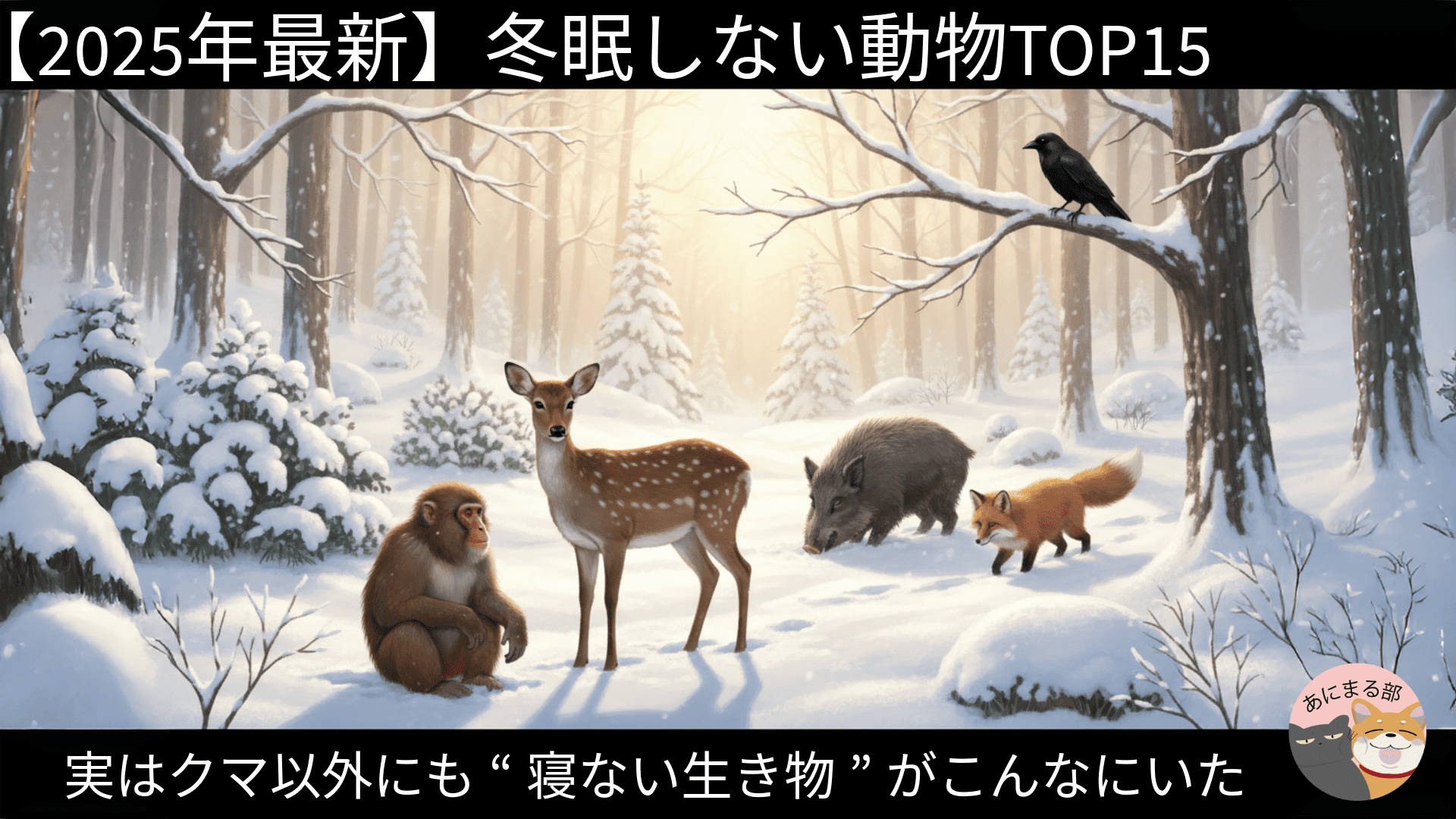 雪の森で活動する冬眠しない動物たち（ニホンザル・ニホンジカ・イノシシ・キツネ・カラス）が並ぶ様子を描いたアイキャッチ画像。2025年最新「冬眠しない動物TOP15」用ビジュアル。