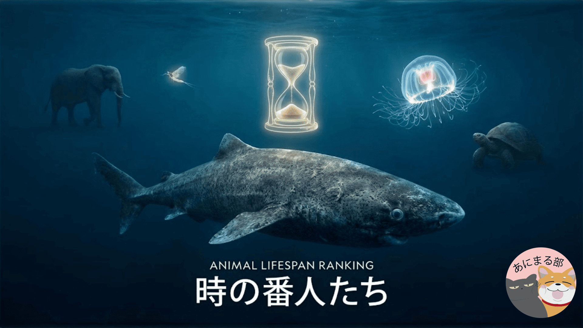 動物の寿命ランキングのアイキャッチ画像。深海を泳ぐニシオンデンザメと砂時計、背後にゾウやカメ、カゲロウが配置された幻想的なデザイン。「LIFE SPAN RANKING」の文字入り。