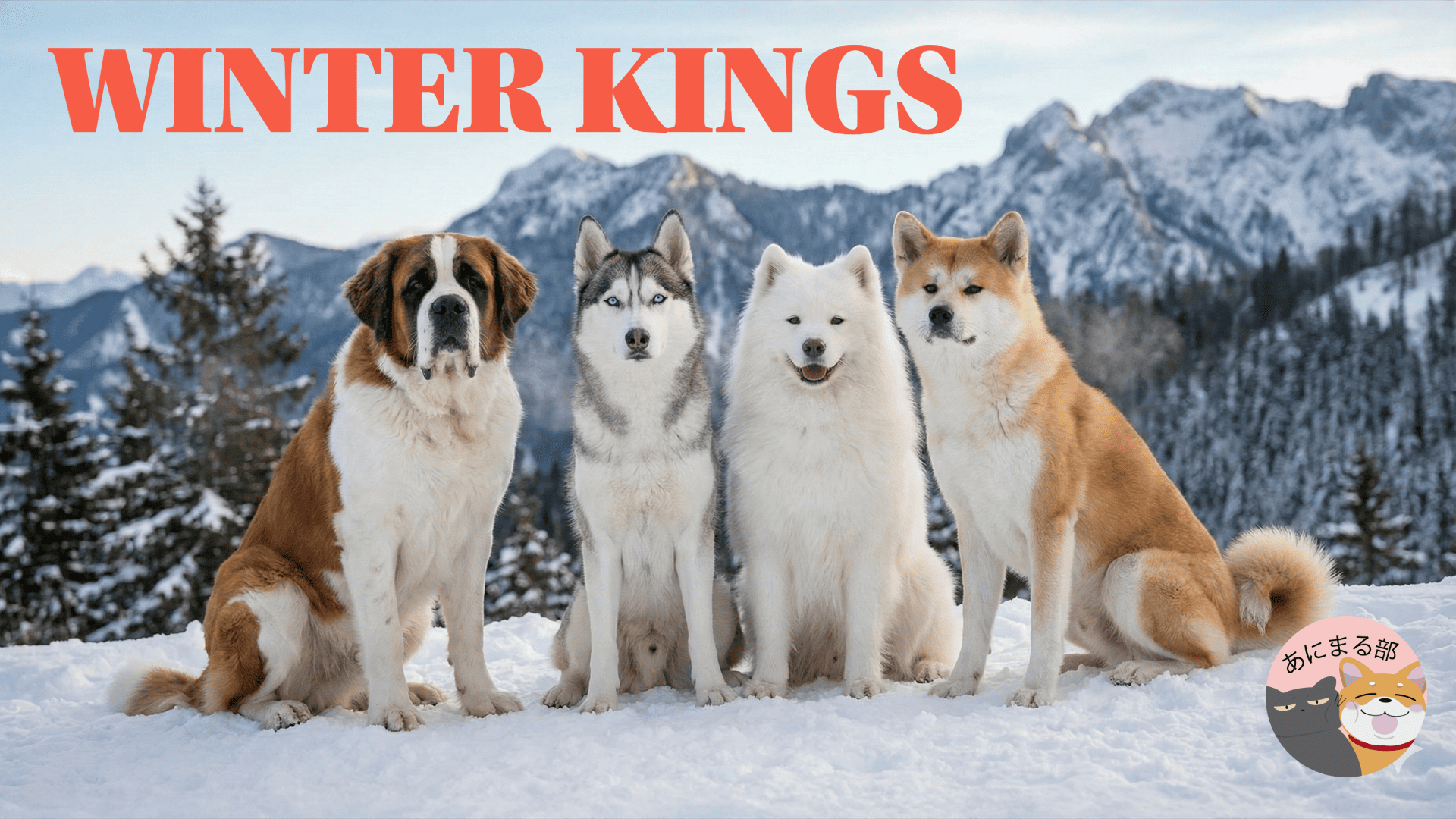 寒さに強い犬種ランキングのアイキャッチ。雪山を背景にセント・バーナード、シベリアン・ハスキー、サモエド、秋田犬が並ぶビジュアル。「WINTER KINGS」の文字と「あにまる部」のアイコン入り。