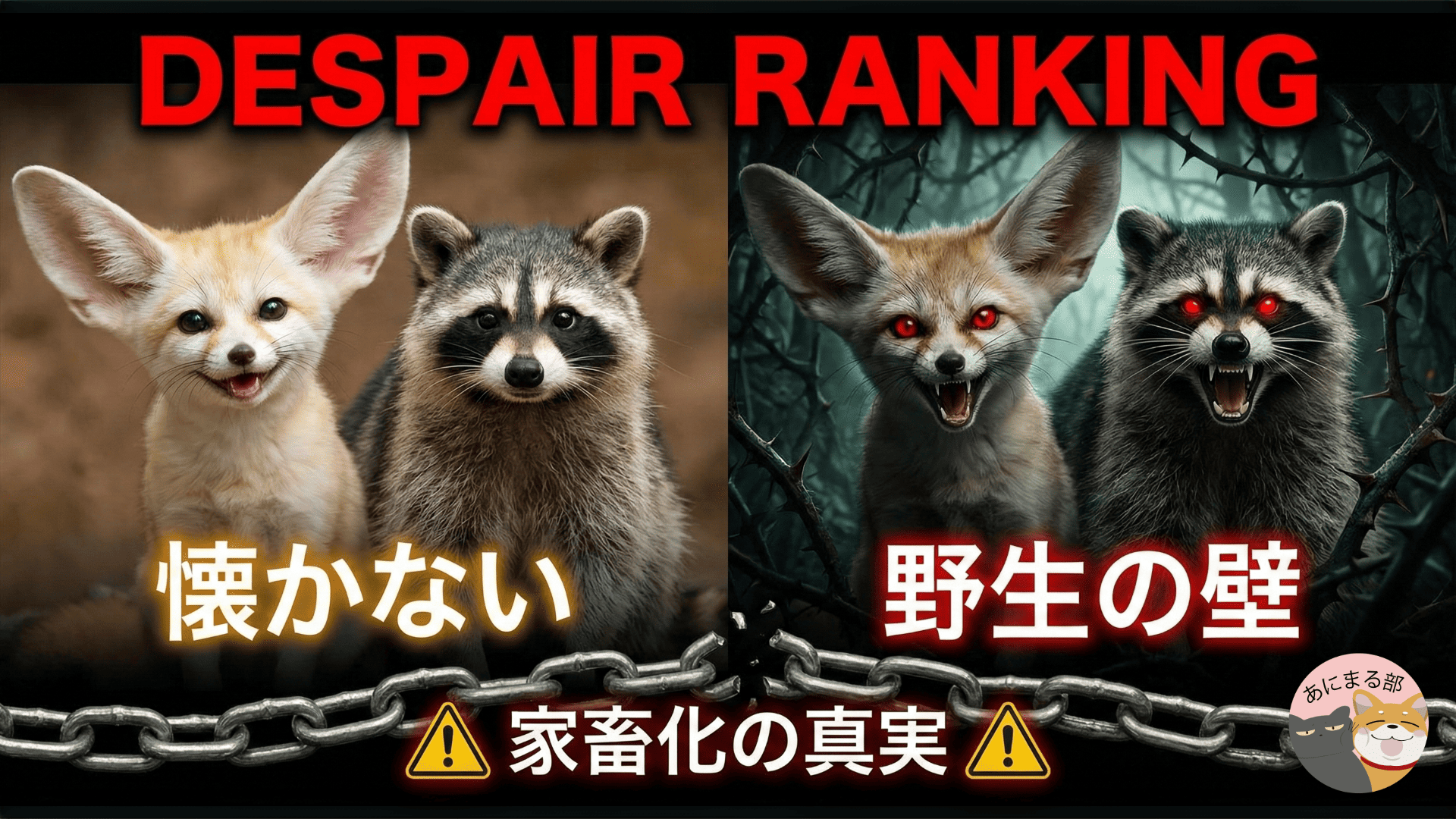 人間に懐かない動物ランキングのアイキャッチ画像。左側には可愛いフェネックとアライグマ、右側には赤目で牙を剥く凶暴な野生の姿が対比されている。「DESPAIR RANKING」「野生の壁」「家畜化の真実」の文字入り。