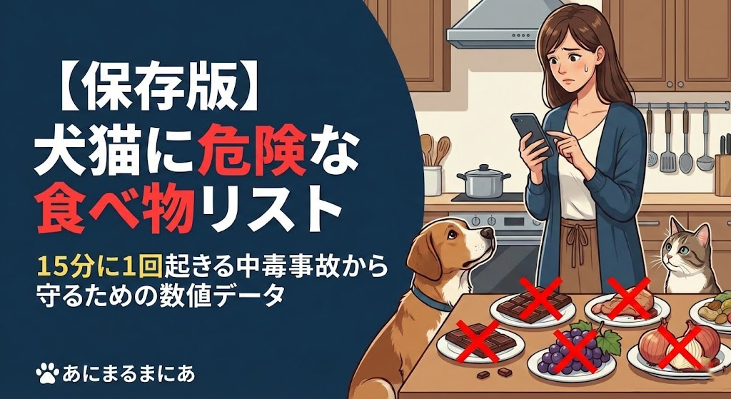犬猫が食べると危険な食べ物（チョコ、玉ねぎ、ブドウなど）を示すイメージ