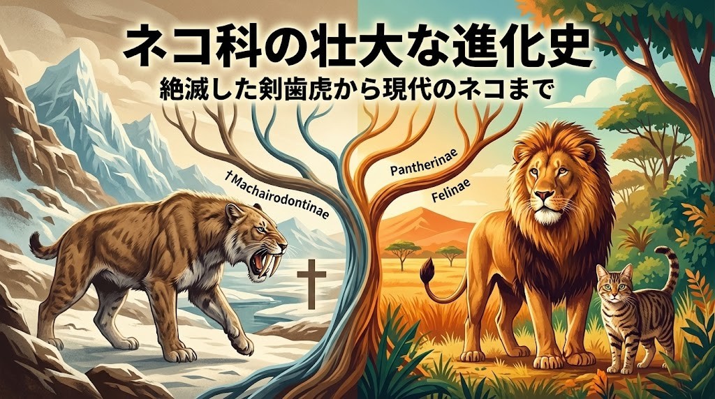 世界のネコ科動物の系統図。トラ、ライオン、ベンガルヤマネコ、イエネコなど8系統の代表種を比較した図解。