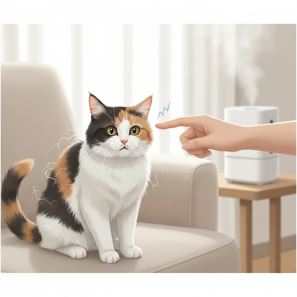 冬の室内で猫を撫でようとした瞬間に静電気がバチッと起きるイメージ（猫の静電気対策）