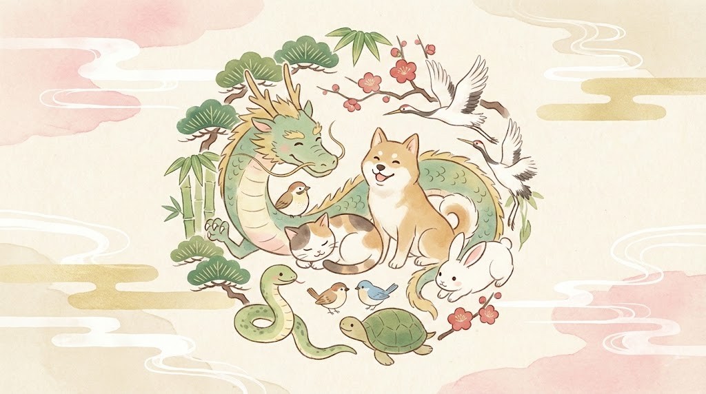初夢に縁起が良いとされる龍、犬、猫、蛇、亀、うさぎ、鶴などの動物が、松竹梅と共に描かれた温かい水彩画風のイラスト